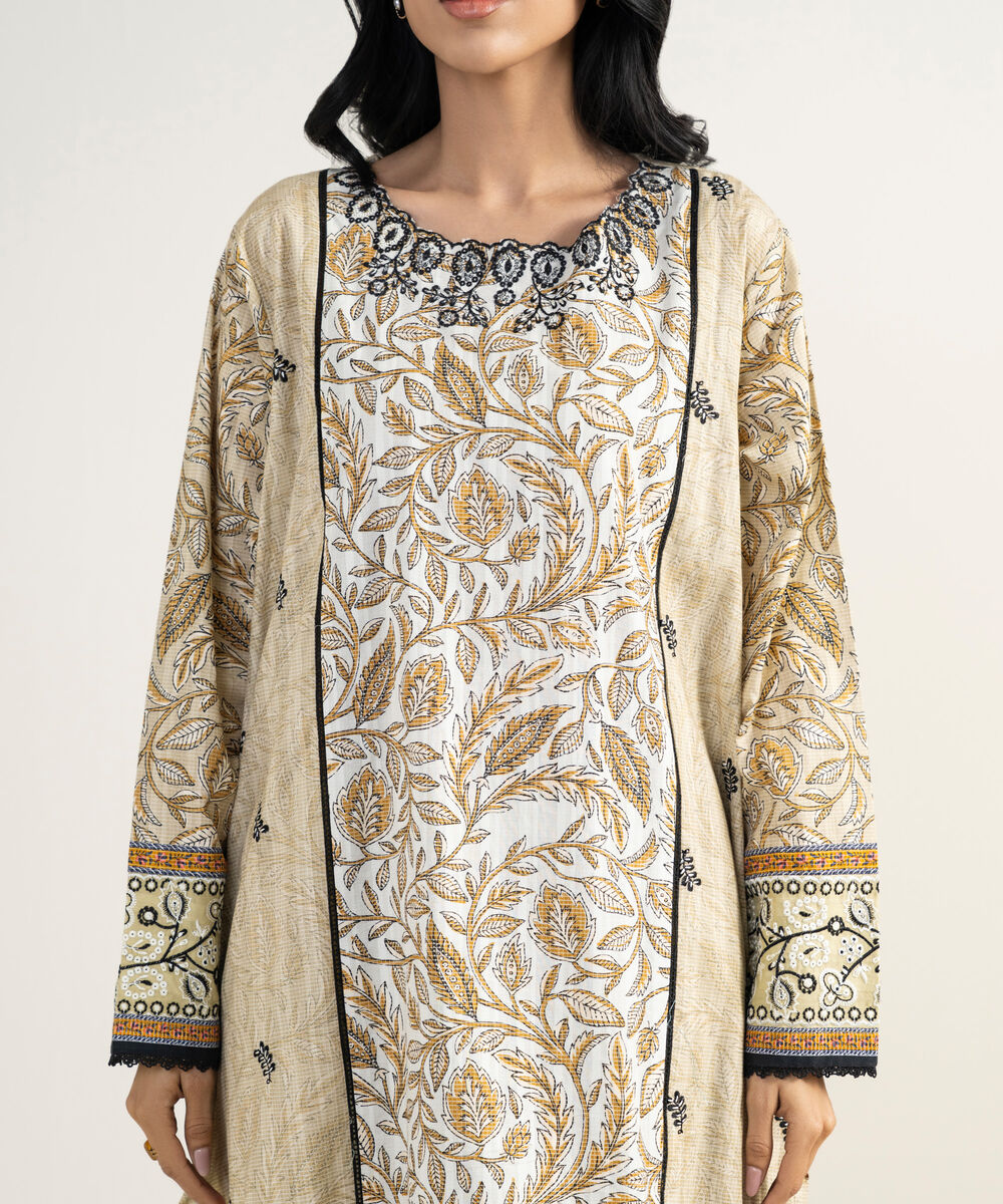 Women's RTW Dobby Embroidered Beige 3 Piece Suit