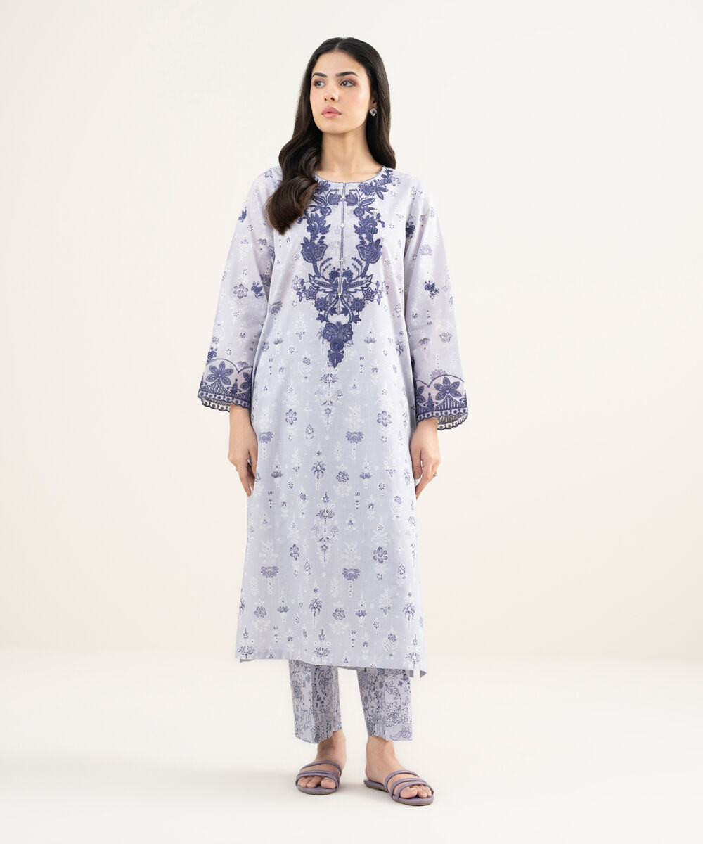 Women's RTW Slub Lawn Embroidered Light Purple A-Line Shirt