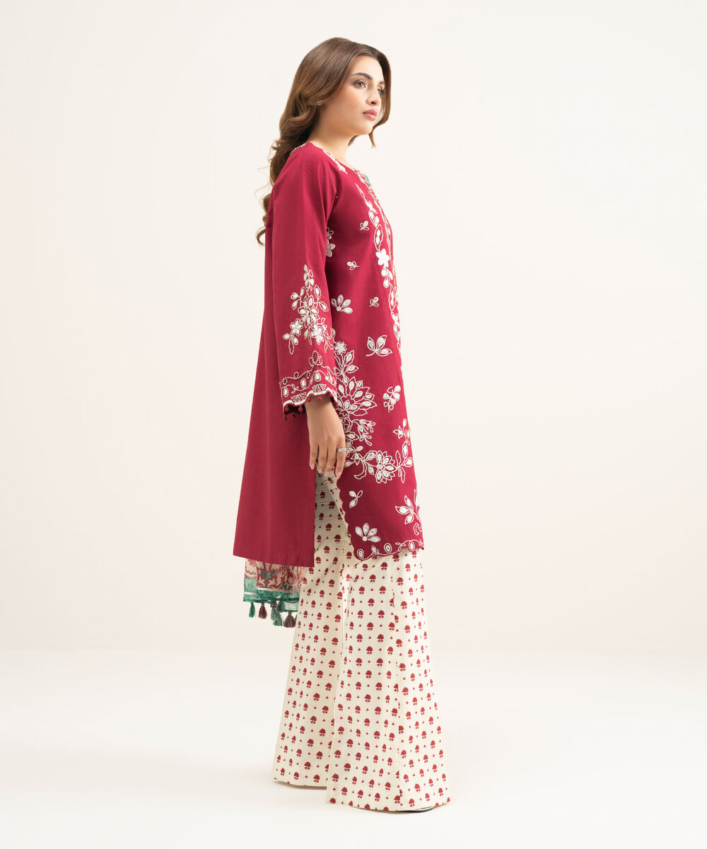 Women's Unstitched Lawn Red Embroidered 3 Piece Suit