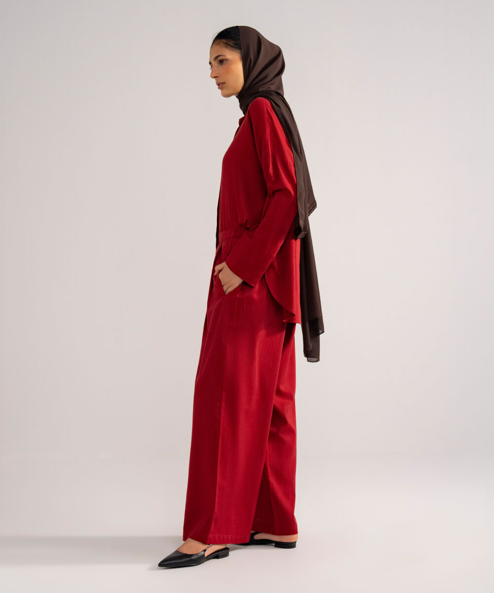 Women's Burnt Red Loose-Fit  Pleated Pants