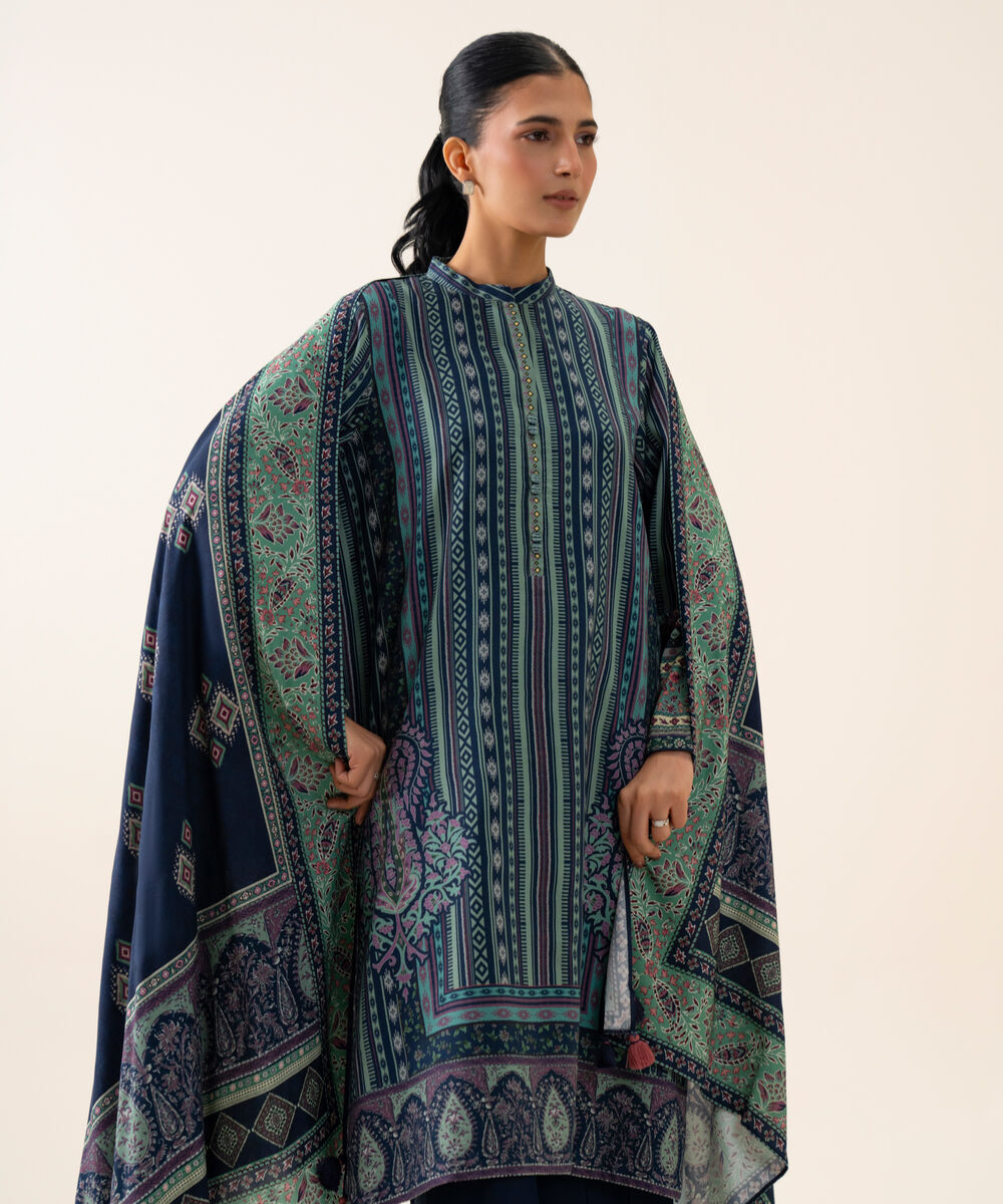 Women's Unstitched Viscose Linen Printed Dark Blue 3 Piece Suit