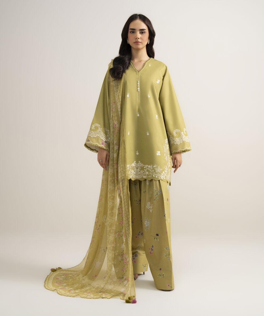 Women's Unstitched Slub Lawn Embroidered Yellow 3 Piece Suit