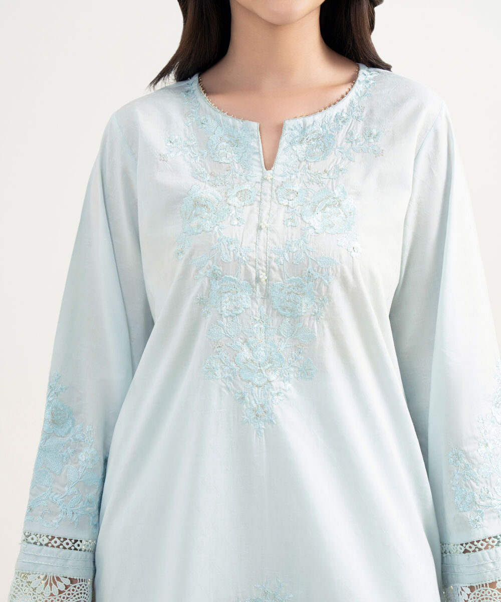 Women's RTW Self Jacquard Embroidered Blue Straight Shirt
