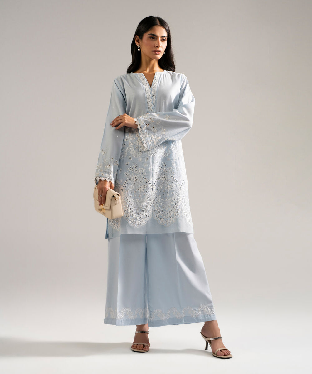 Women's RTW Self Jacquard Embroidered Blue 2 Piece Suit