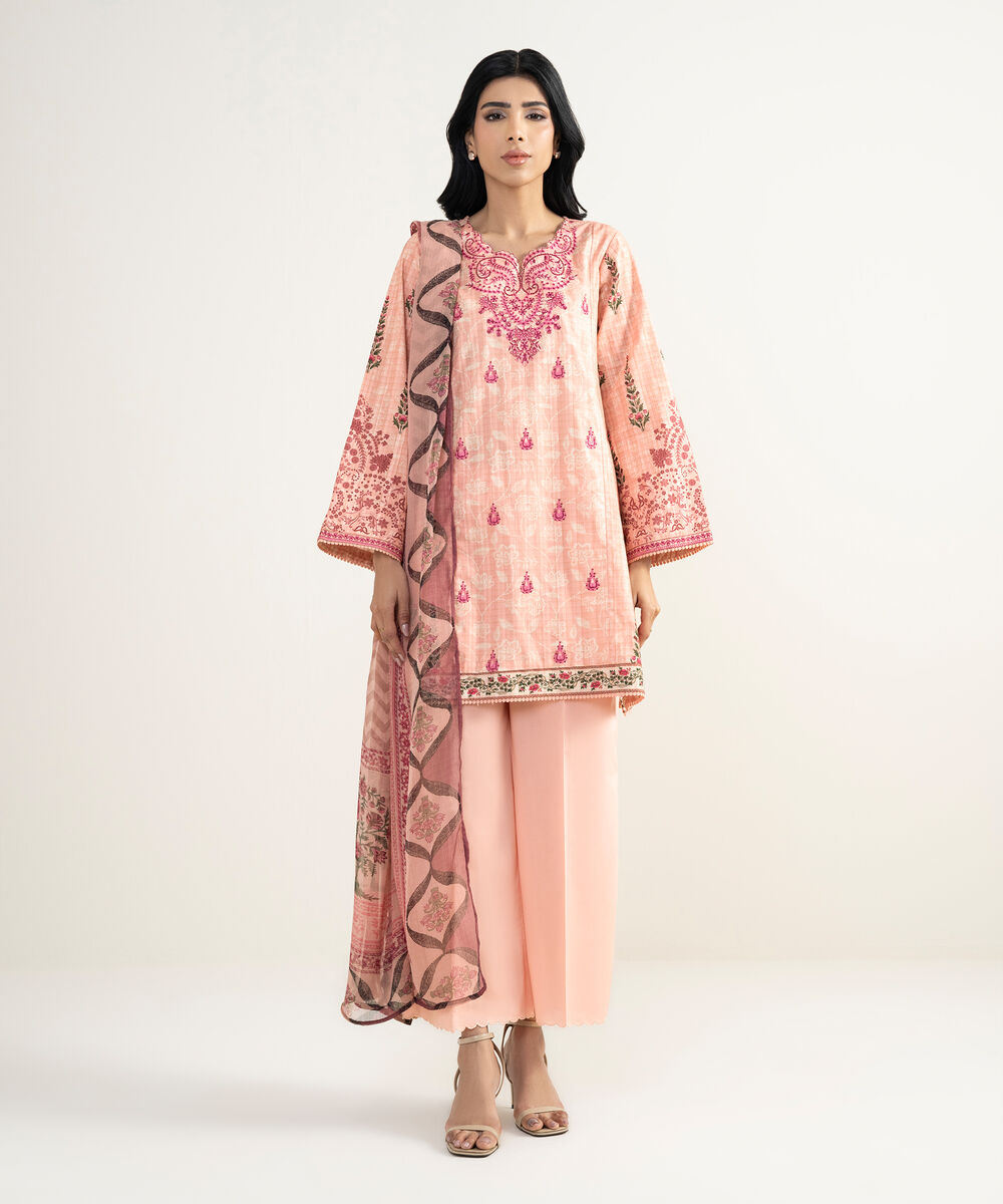 Women's RTW Dobby Embroidered Pink 3 Piece Suit