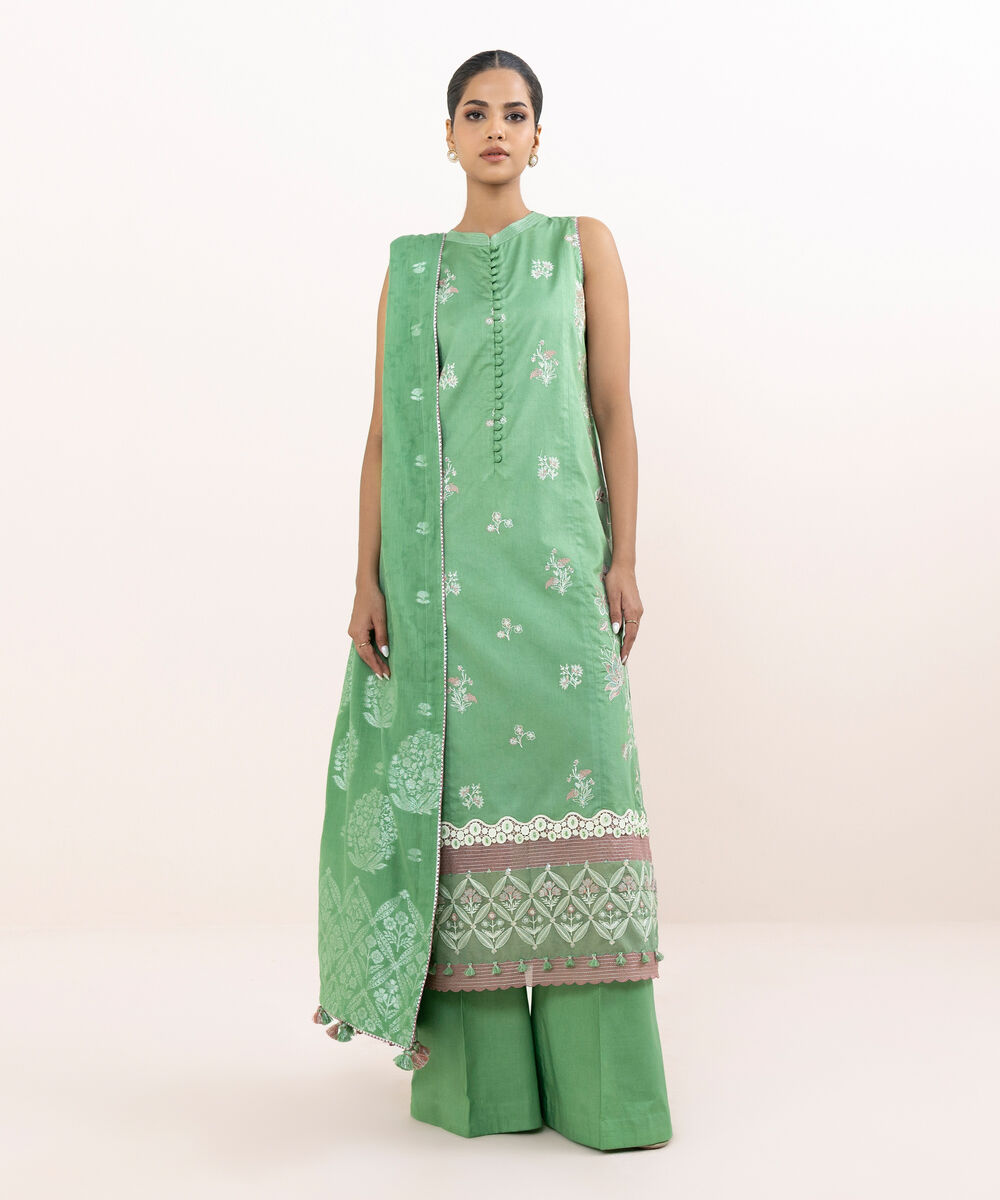 Women's Unstitched Light Cotton Satin Dyed Three Piece Suit