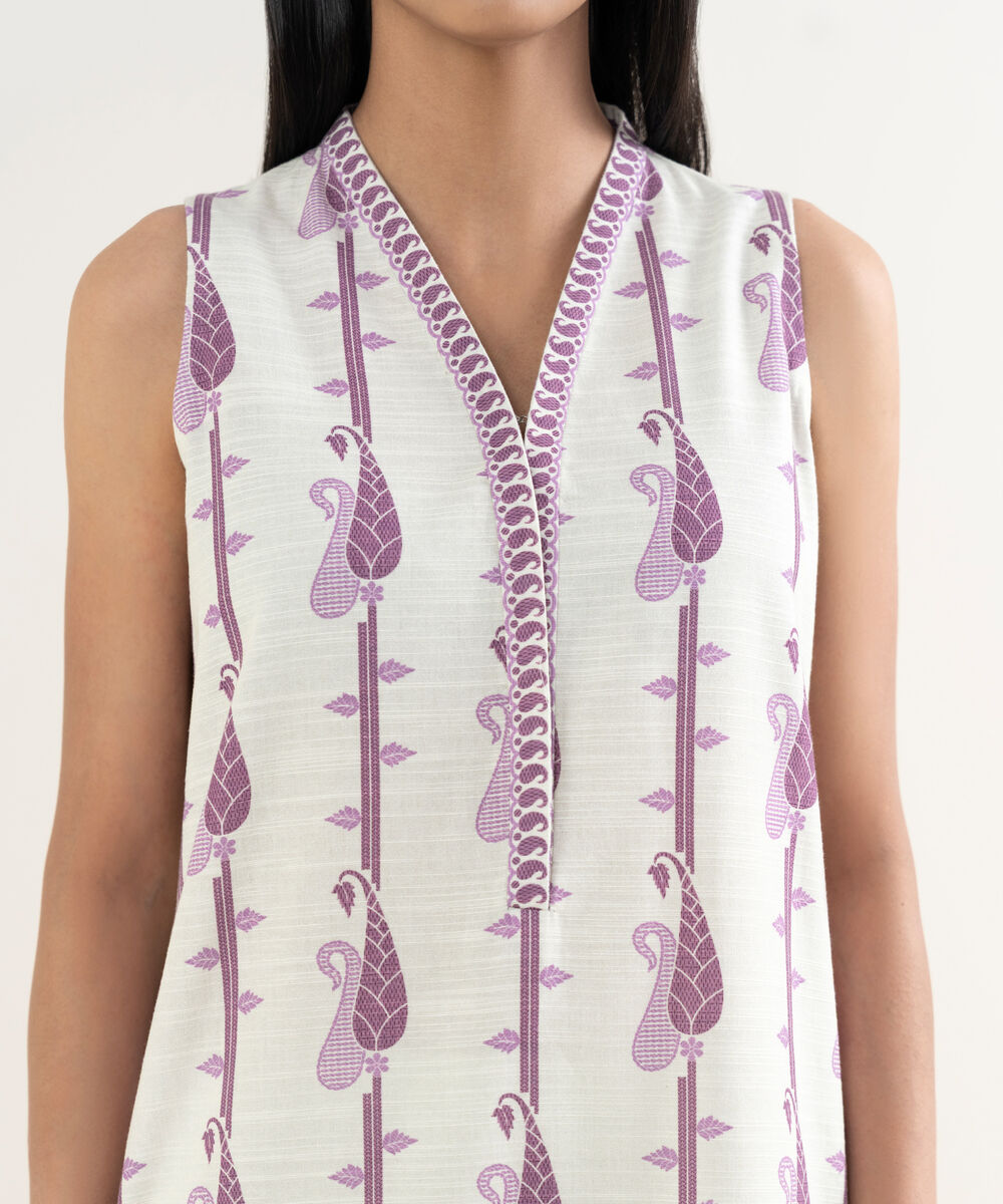 Women's Unstitched Printed Cotton Off White and Pink 3 Piece Suit