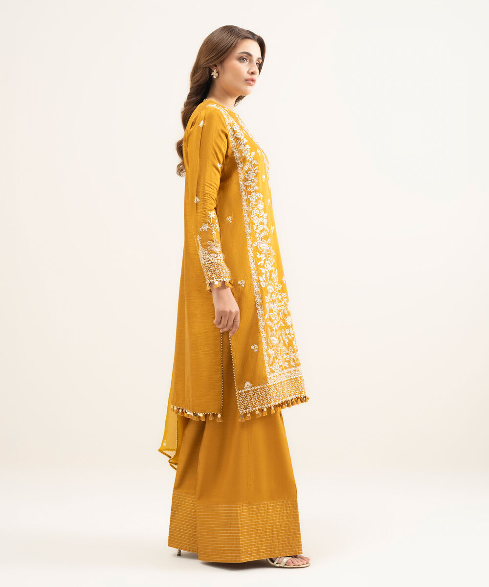 Women's Unstitched Raw Silk Embroidered Orange 3 Piece Suit