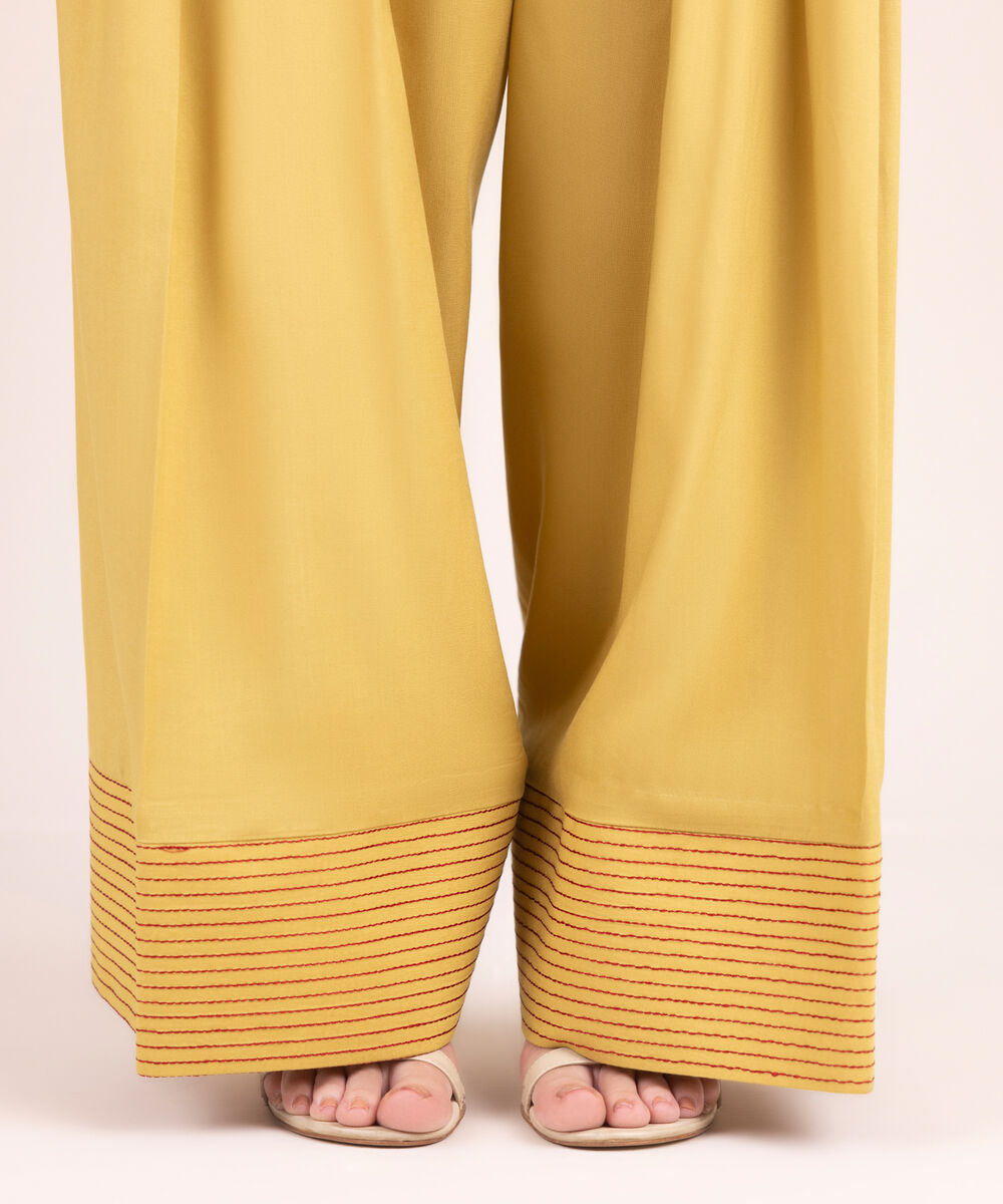 Women's RTW Linen Viscose Solid Pale Yellow Farshi Shalwar