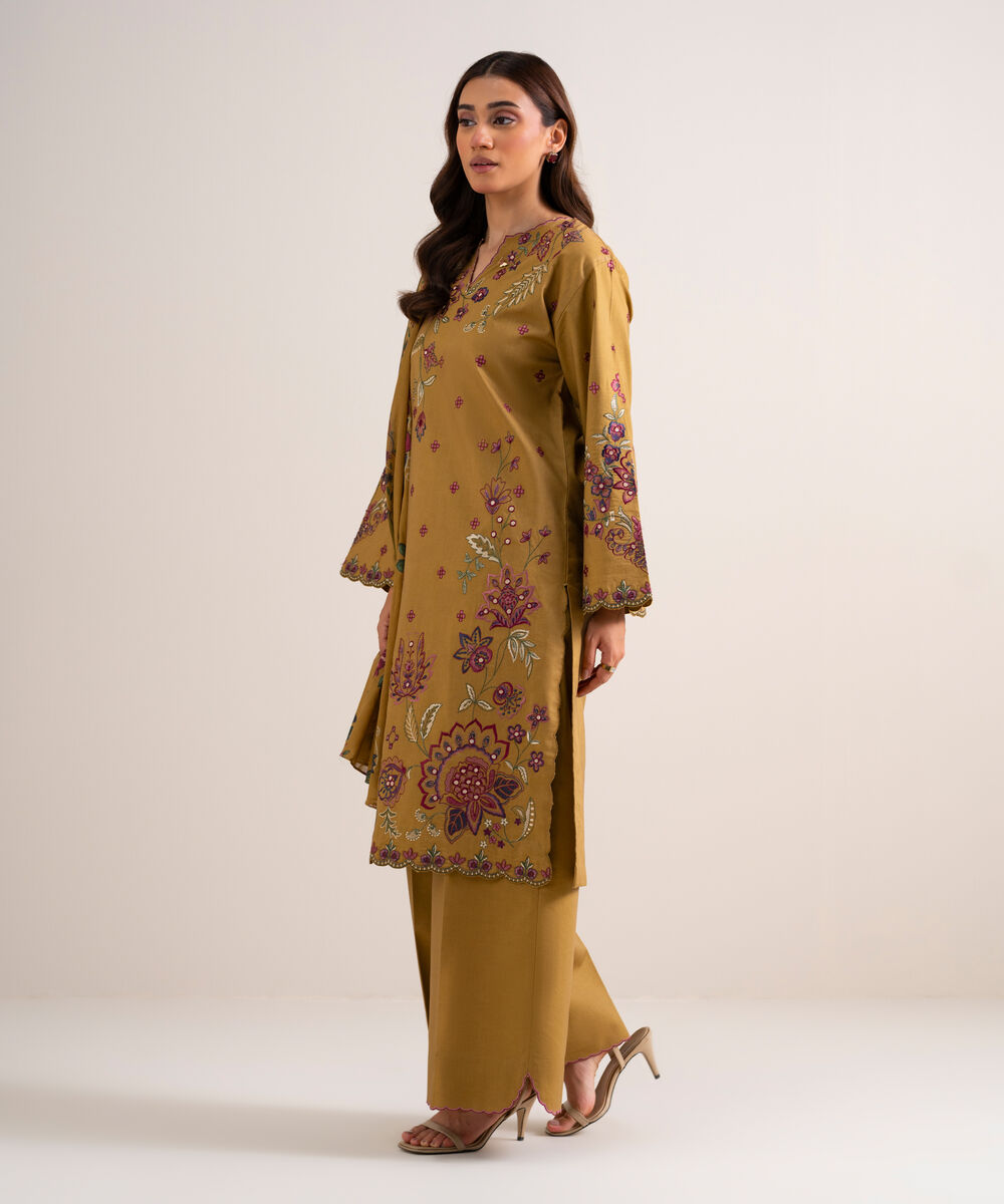 Women's Unstitched Embroidered Cotton Viscose Mustard 3 Piece Suit