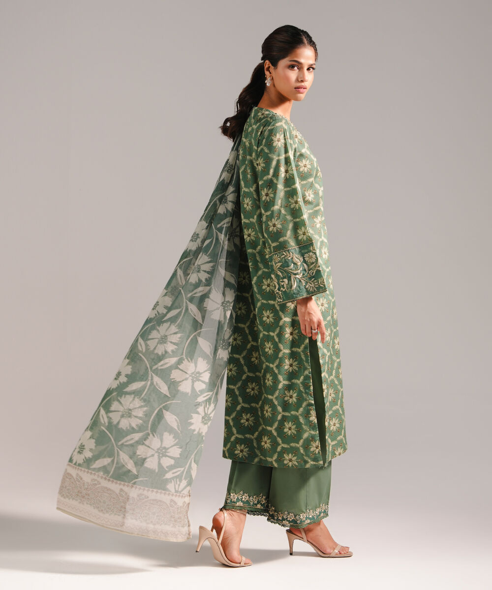 Women's RTW Dobby Embroidered Green 3 Piece Suit