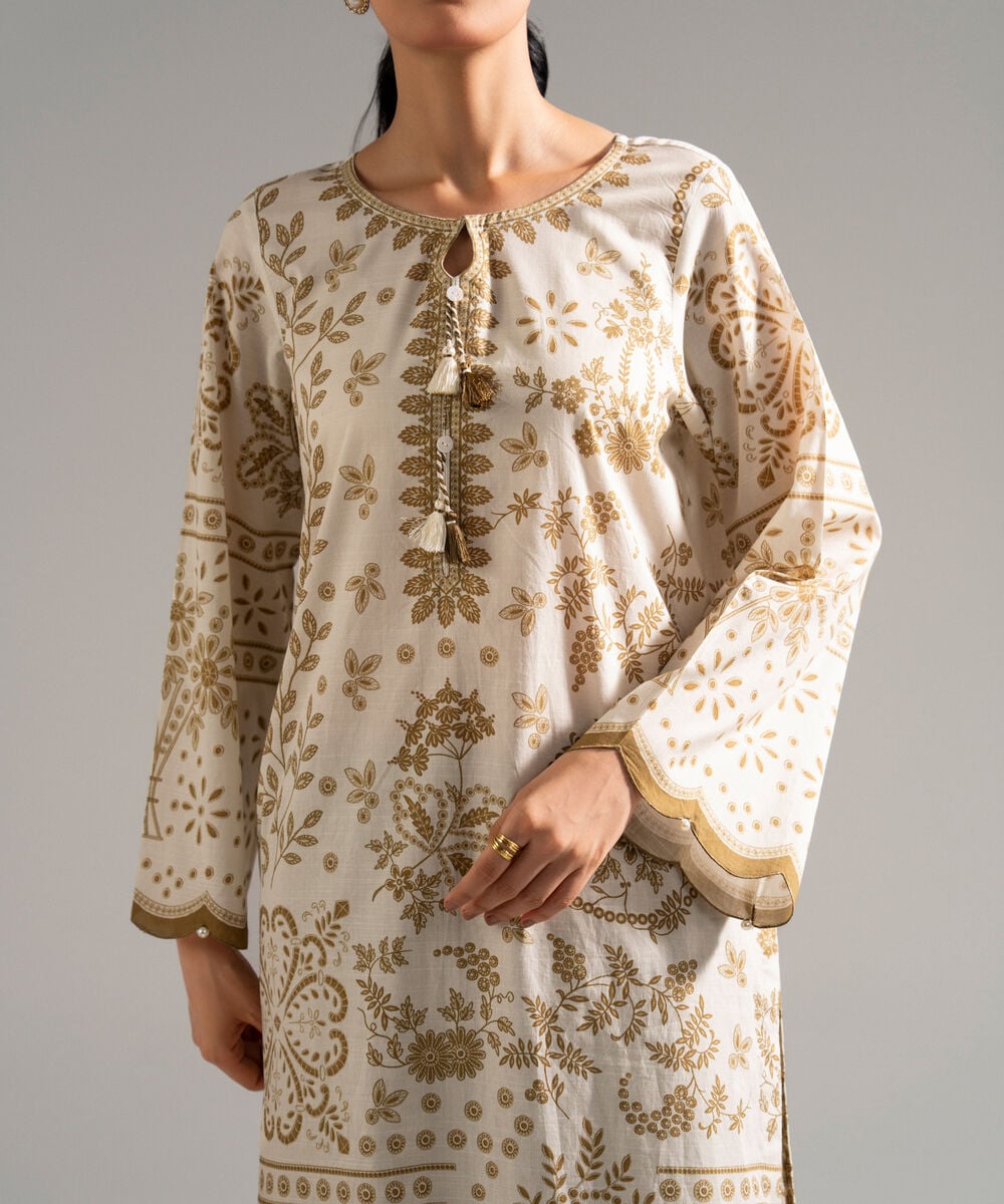 Women's RTW Slub Lawn Printed Off White 3 Piece Suit