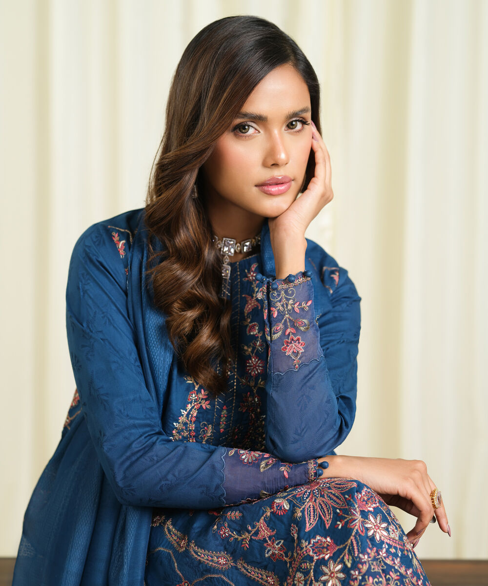 Women's Unstitched Cotton Jacquard Embroidered Blue 3 Piece Suit