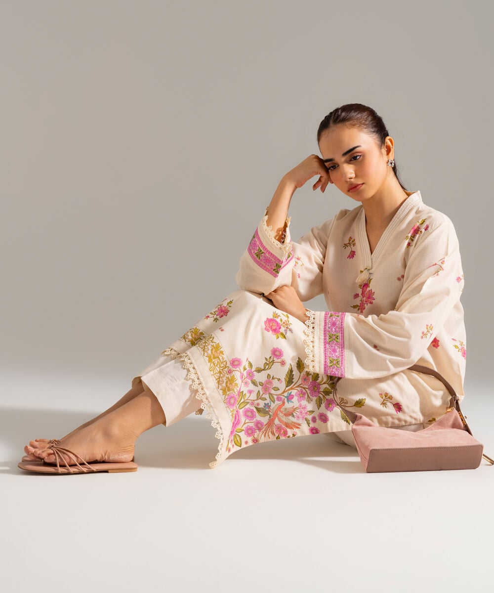 Women's RTW Zari Lawn Embroidered Off White A-Line Shirt