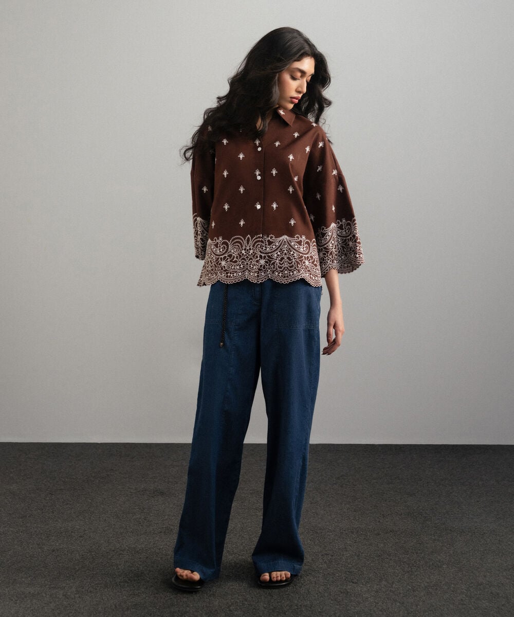 Women's Western Brown Embroidered V-Neck Top