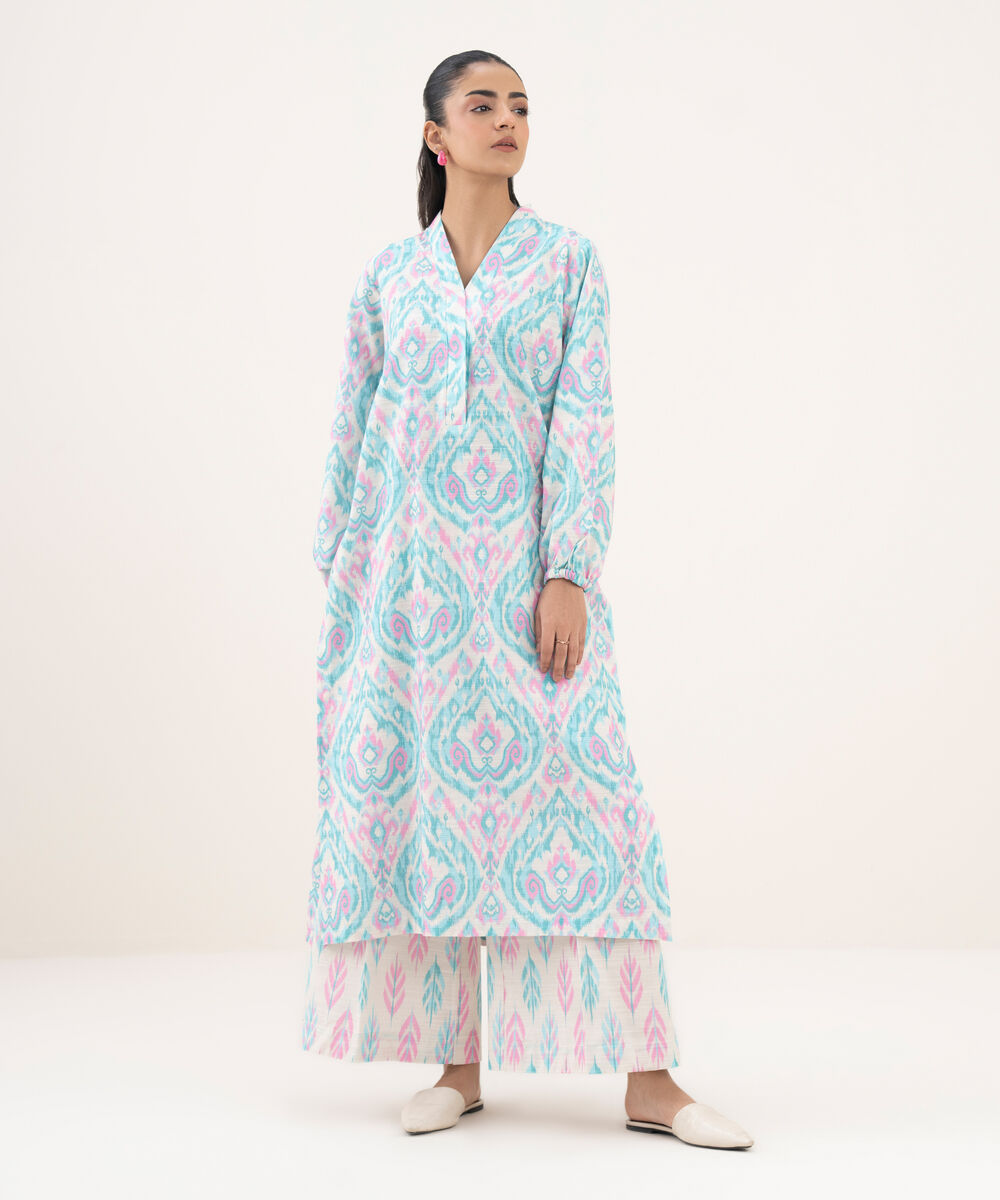 Women's RTW Khaddar Printed Straight Turquoise Shirt