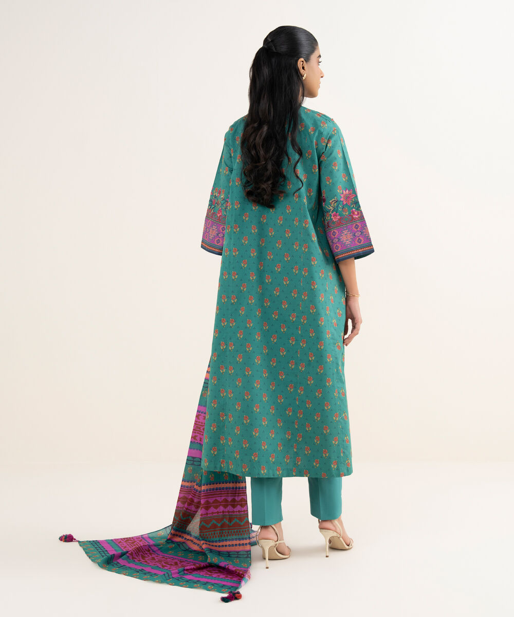 Women's Unstitched Textured Lawn Printed Green 3 Piece Suit