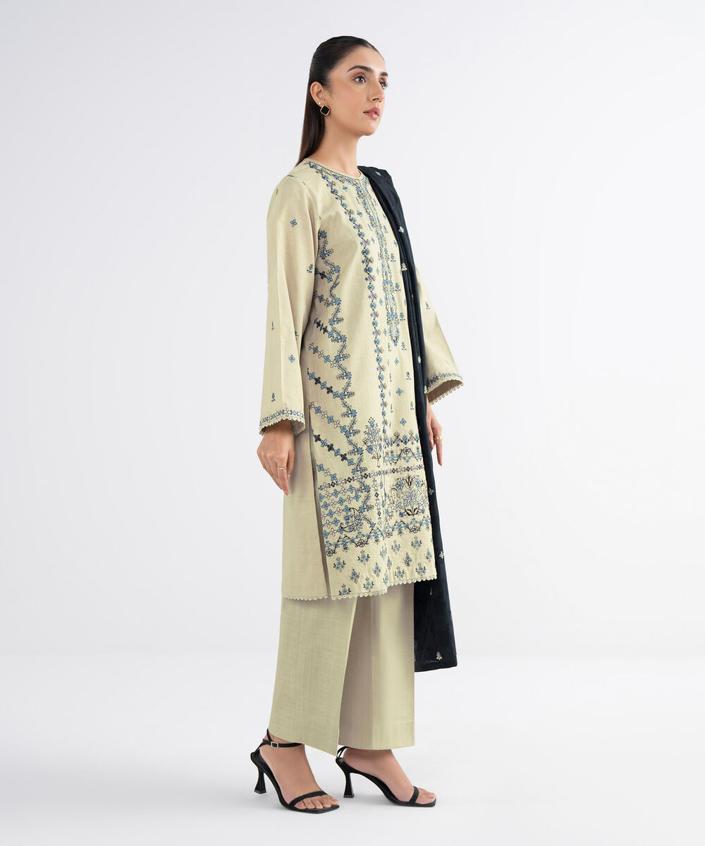 Women's Unstitched Cross Hatch Embroidered Beige 3 Piece Suit