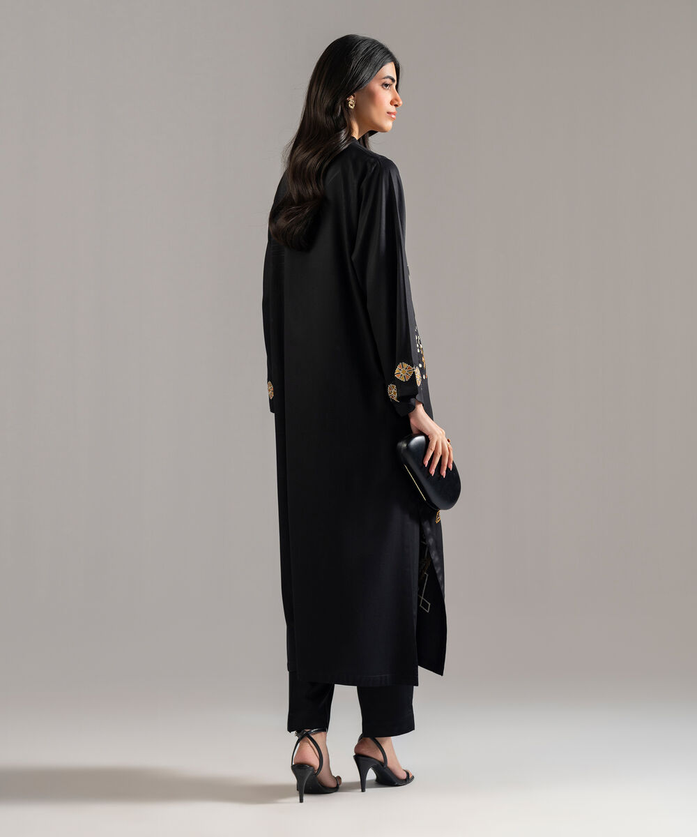 Women's RTW Bedford Solid Embroidered Black A-Line Shirt