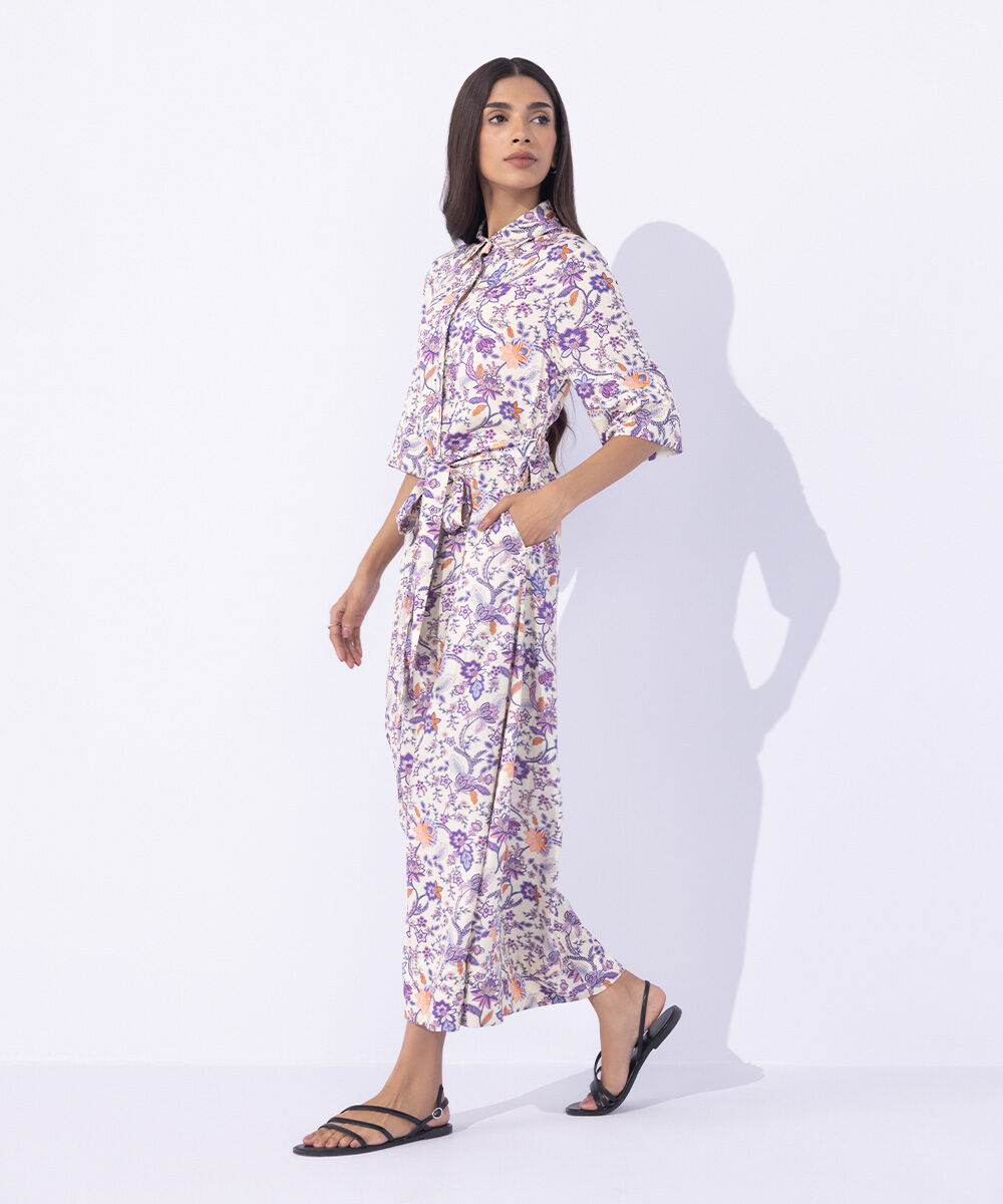 Women's Western Wear Multi Printed Dress With Belt