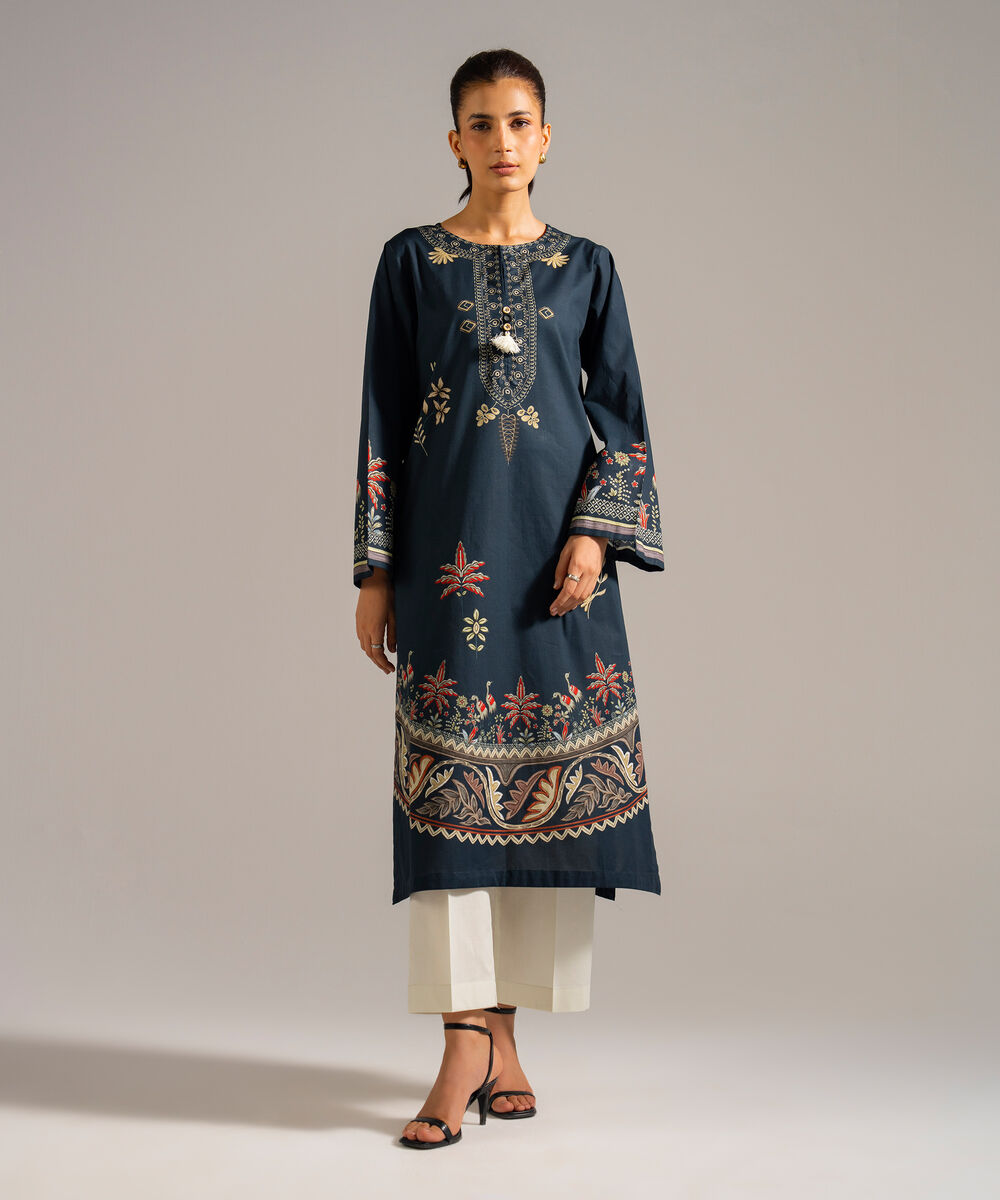 Women's RTW Lawn Printed Blue Straight Shirt