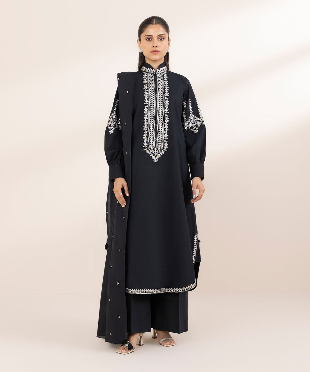Women's Unstitched Lawn Embroidered Black 3 Piece Suit