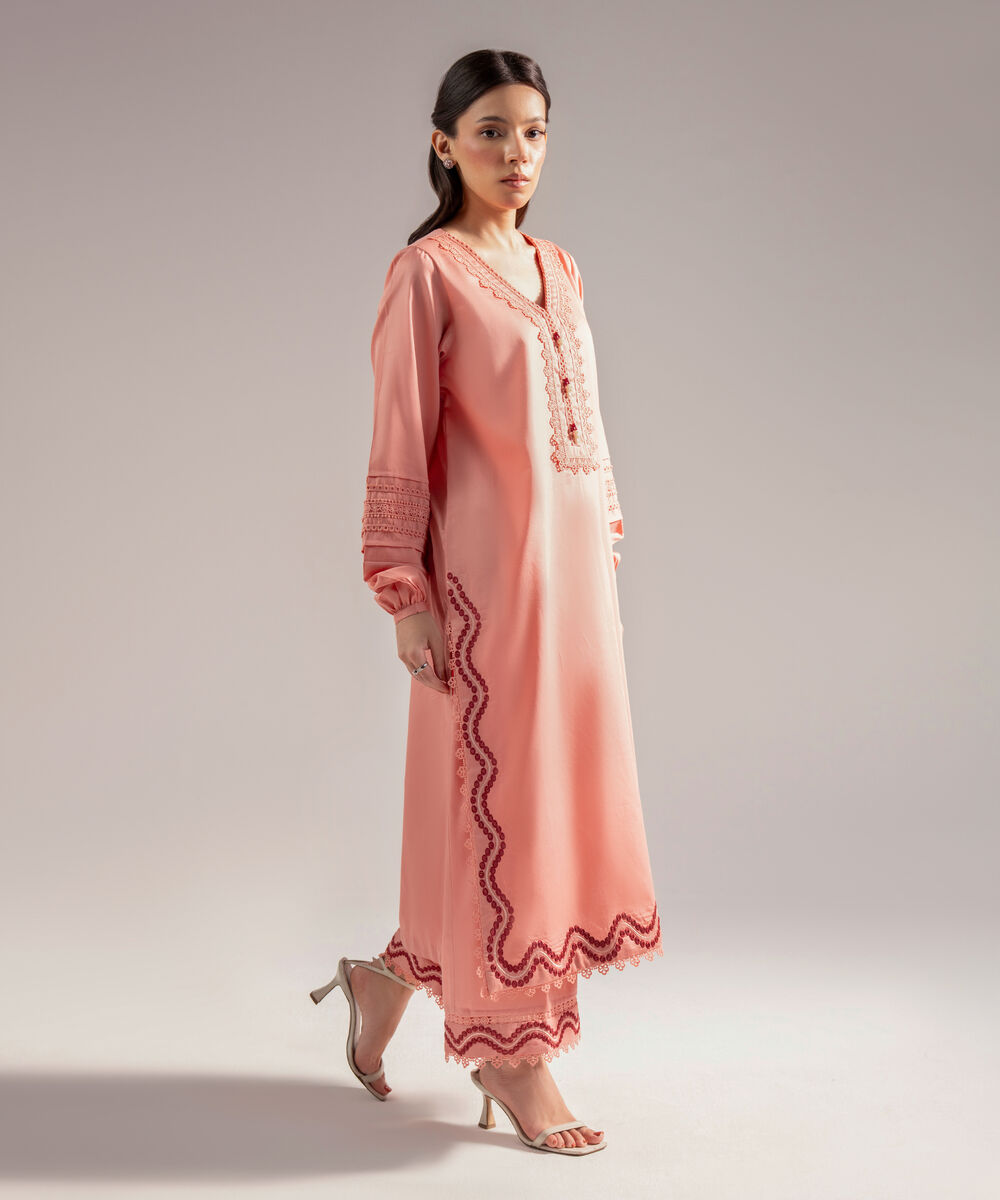 Women's RTW Cotton Satin Embroidered Peach 2 Piece Suit