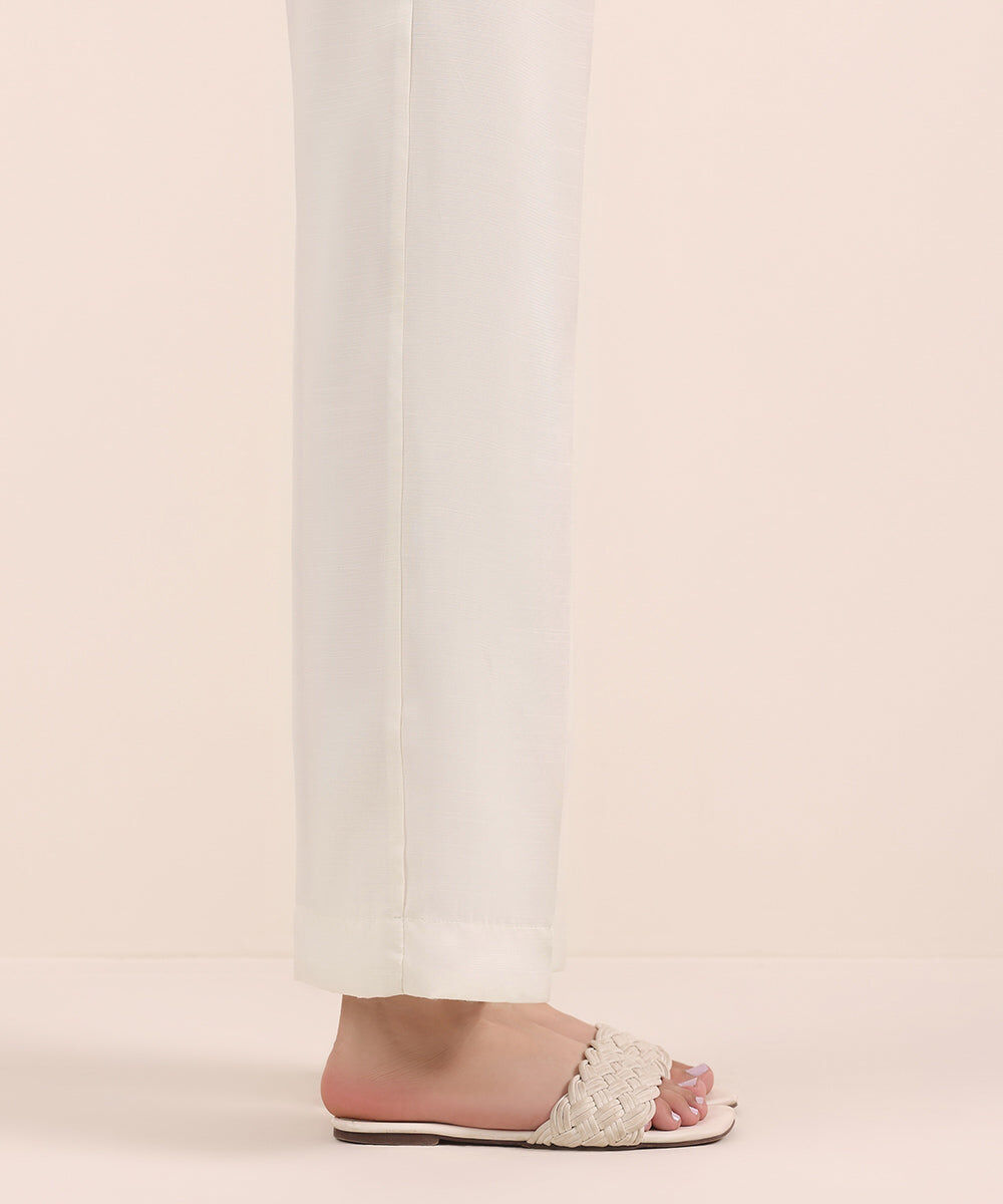 Woman - Off White Raw Silk Straight Pants
