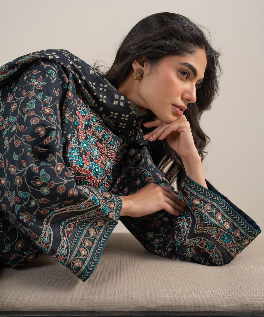 Women's Unstitched Lawn Embroidered Black 3 Piece Suit
