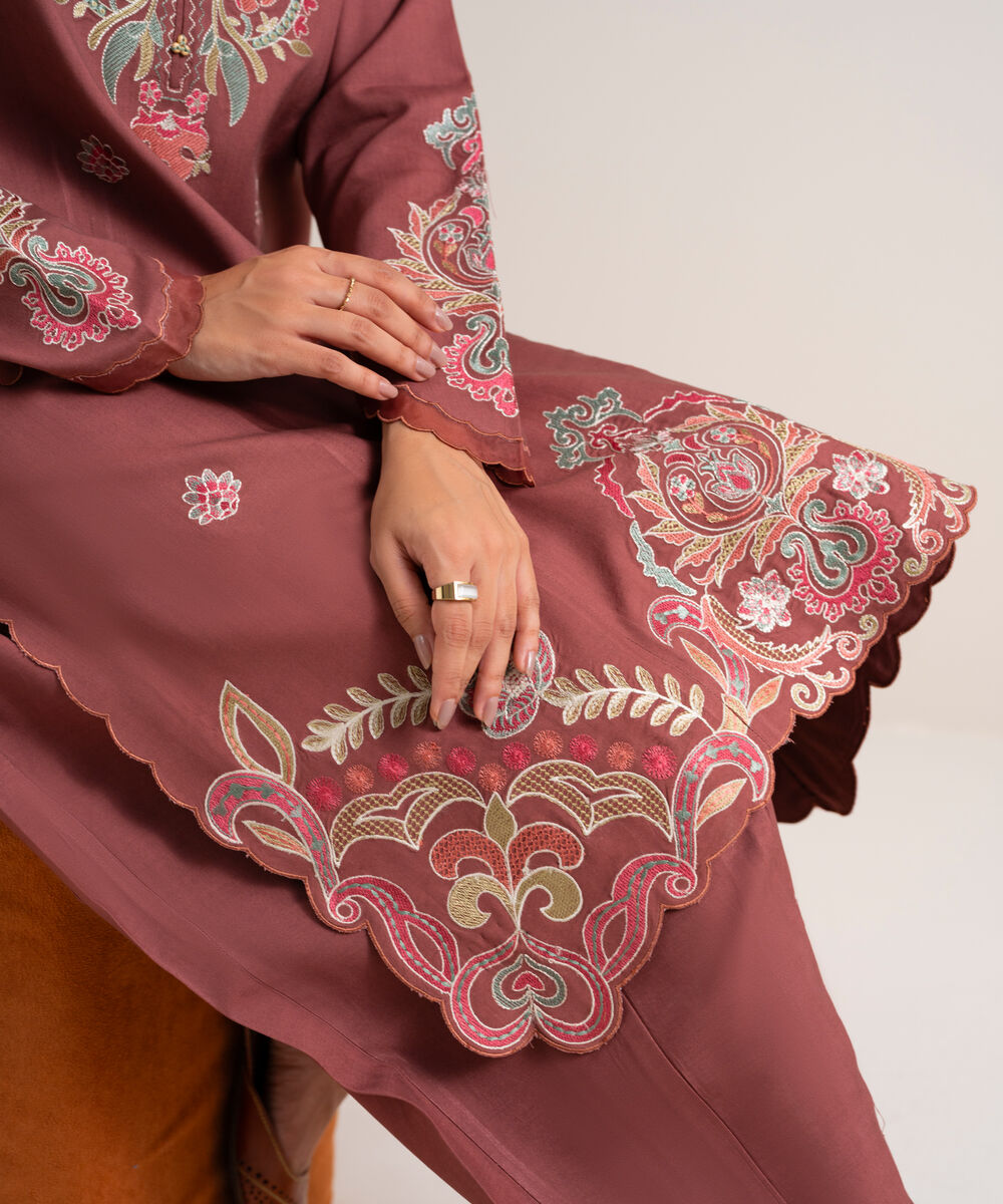 Women's Unstitched Embroidered Linen Tea Pink 3 Piece Suit