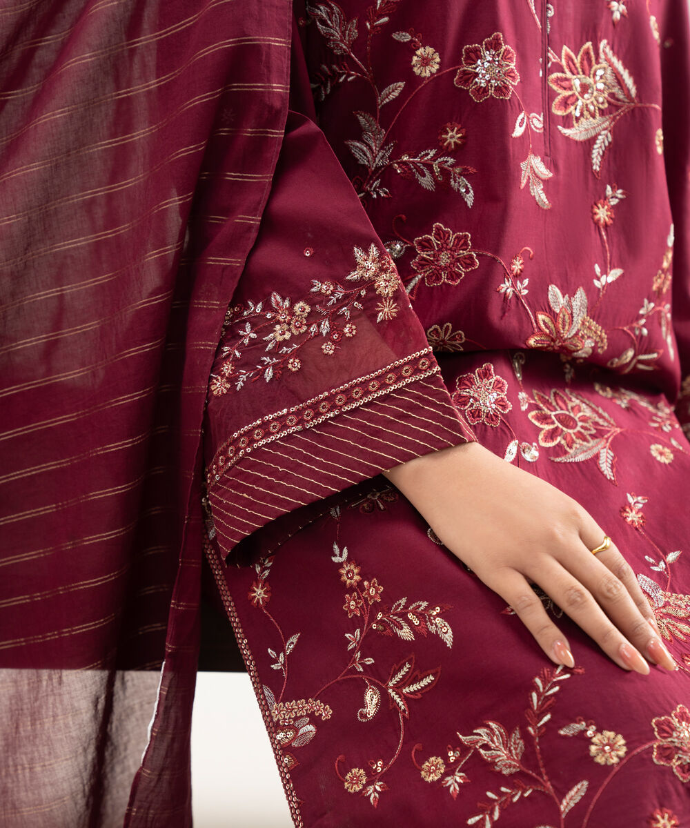 Women's Unstitched Lawn Embroidered Red 3 Piece Suit