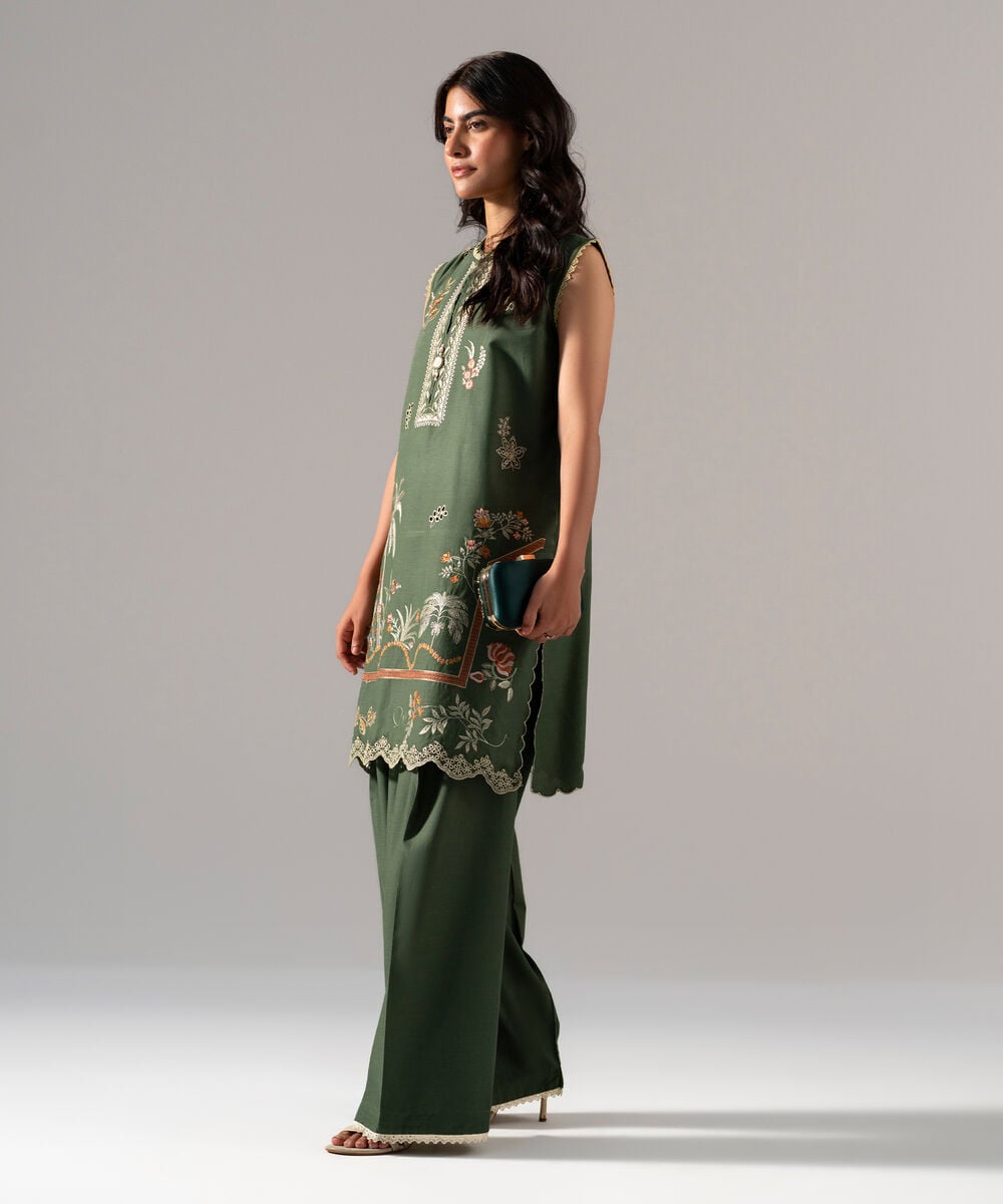 Women's RTW Solid Embroidered Green Cotton Viscose Shirt