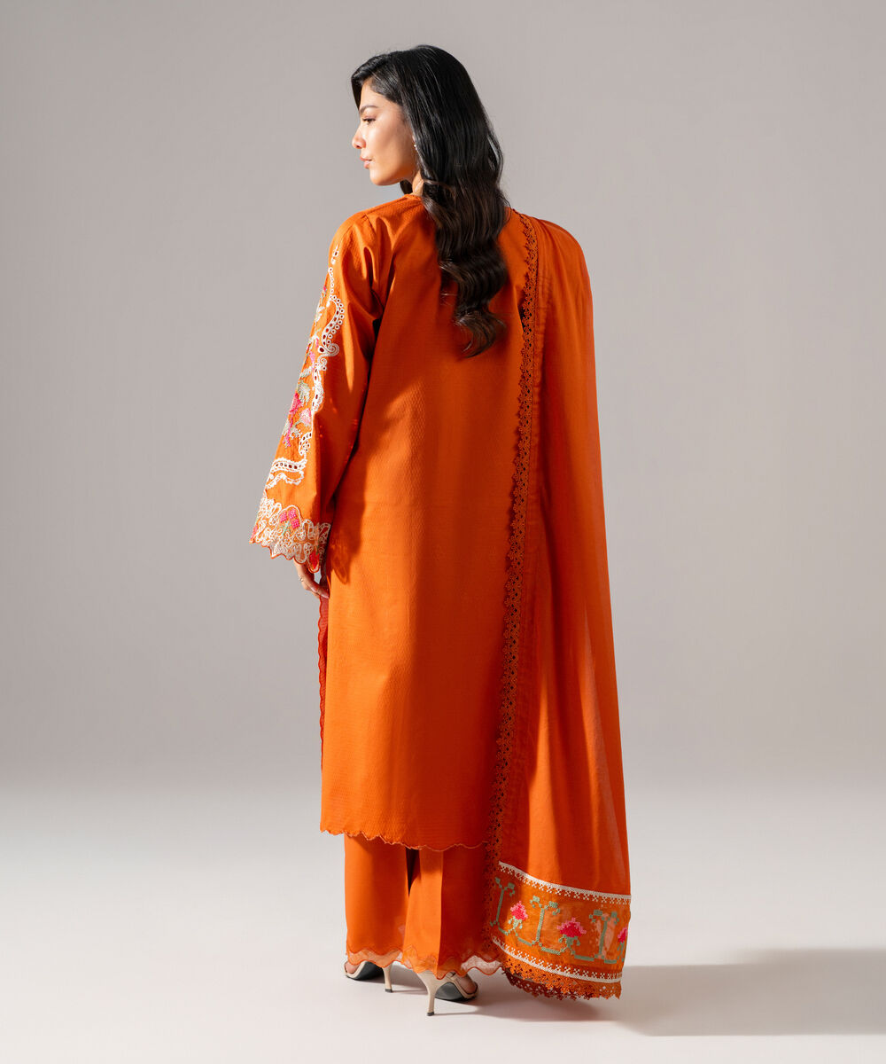 Women's RTW Dobby Embroidered Rust 3 Piece Suit