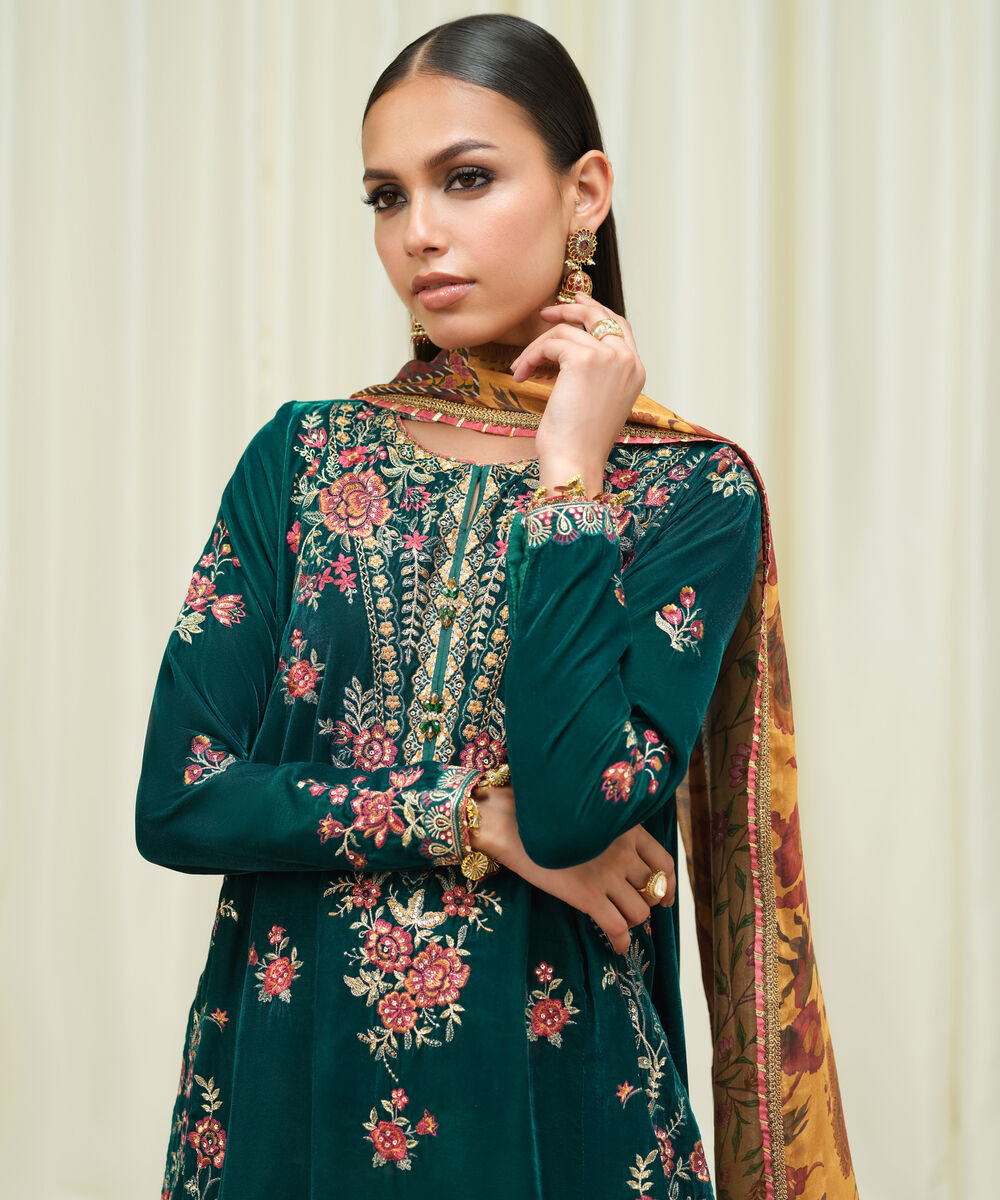 Women's Unstitched Velvet Embroidered Green 3 Piece Suit