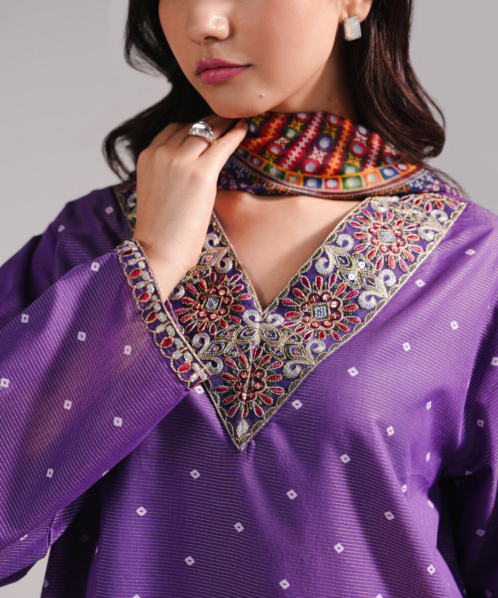 Women's RTW Zari Lawn Embroidered Purple 3 Piece Suit