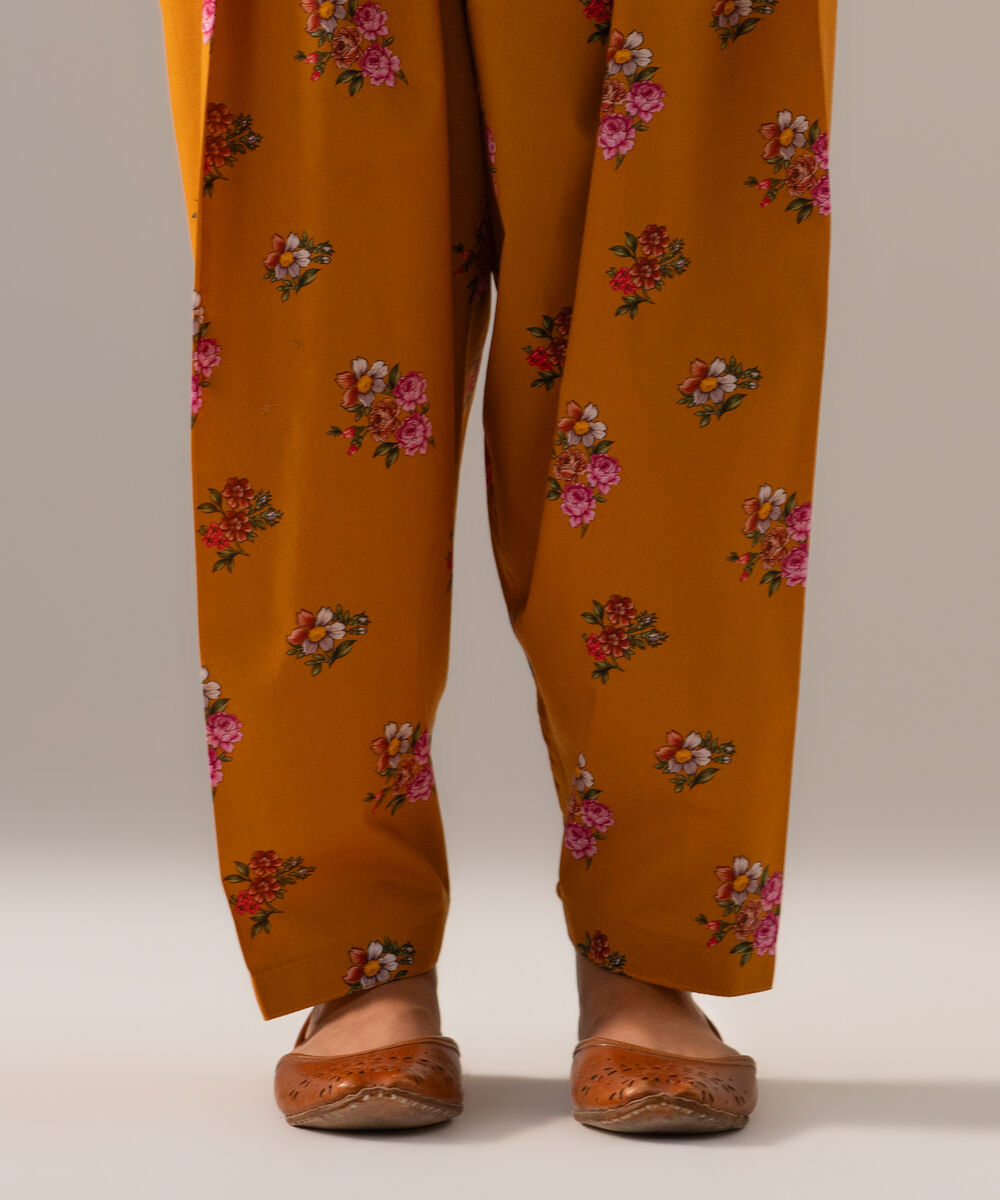 Women's RTW Cambric Printed Mustard Browm Skinny Shalwar