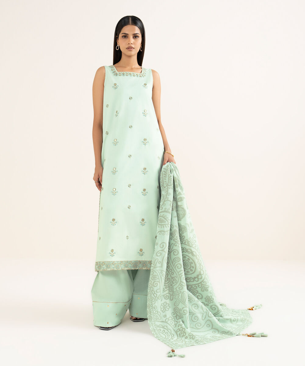 Women's Unstitched Embroidered Cotton Light Aqua 3 Piece Suit
