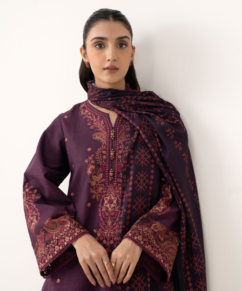 Women's Unstitched Khaddar Embroidered Purple 3 Piece Suit