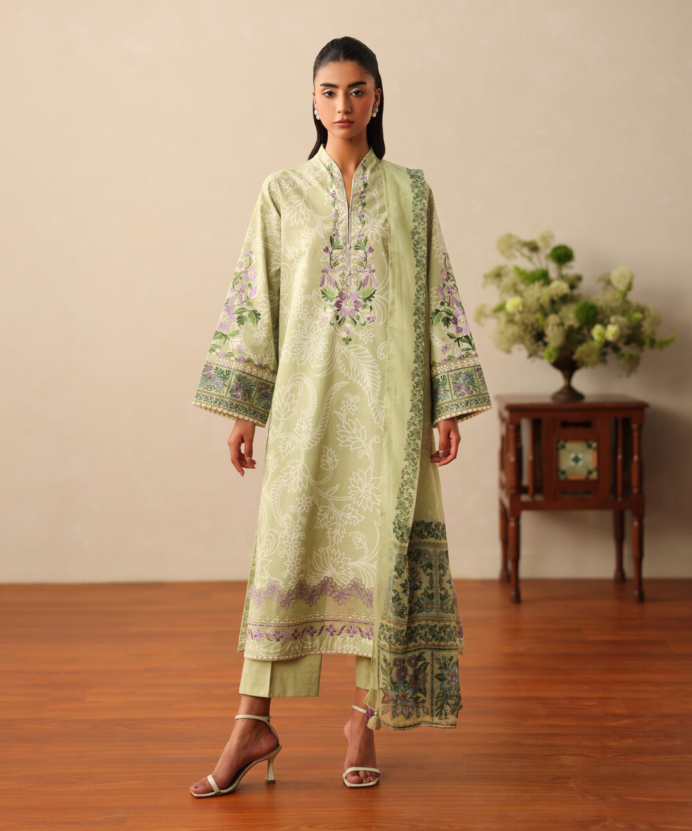 Women's Unstitched Lawn Embroidered Green 3 Piece Suit