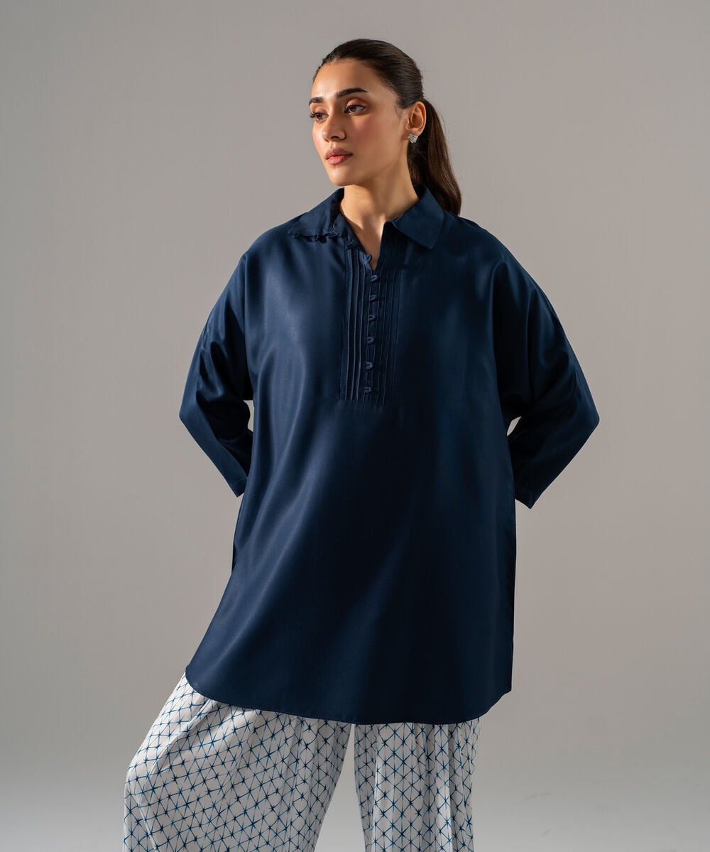 Women's RTW Bedford Solid Blue Drop Shoulder Shirt