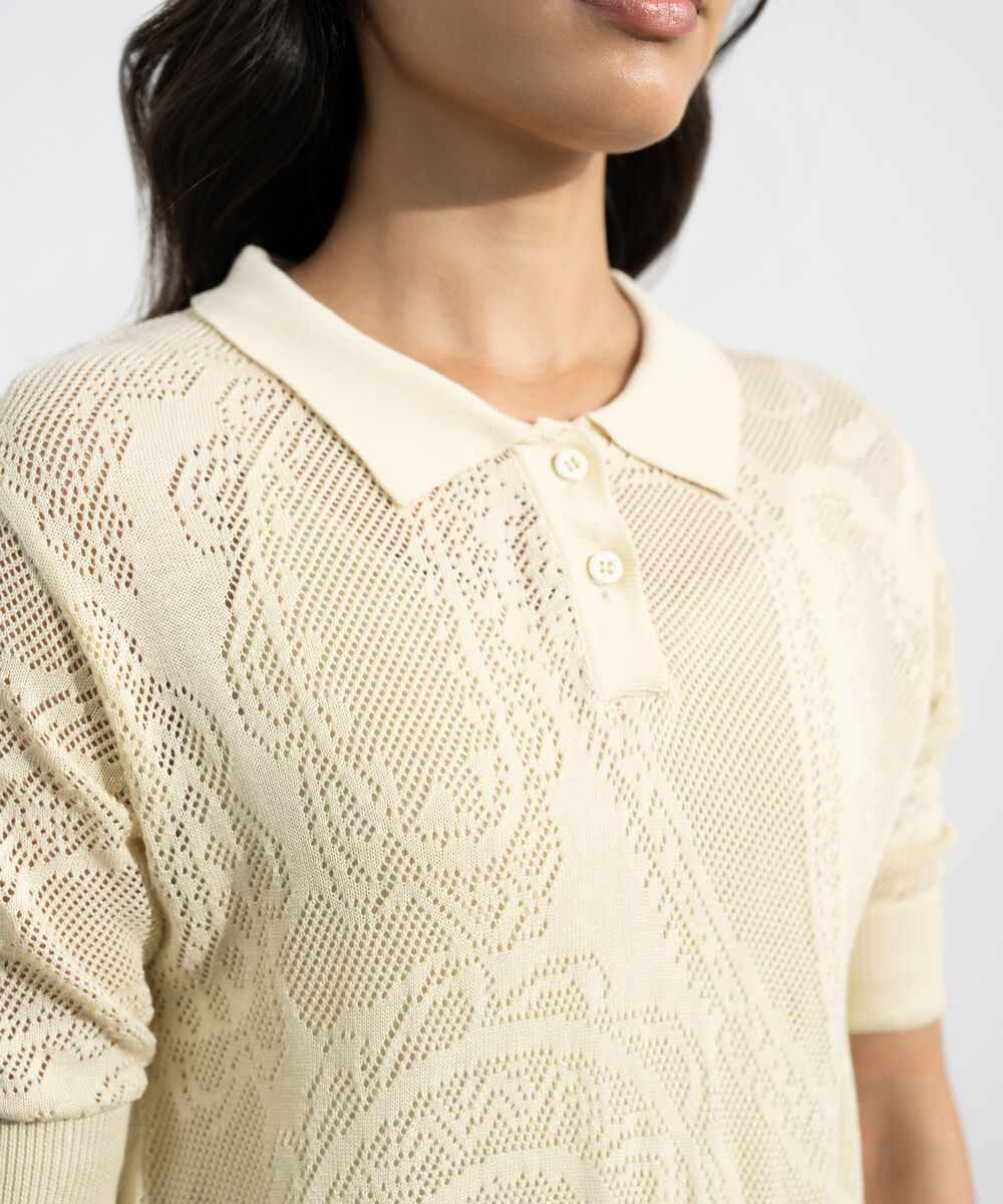 Women's Western Yellow Pointelle Summer Knit Polo Top