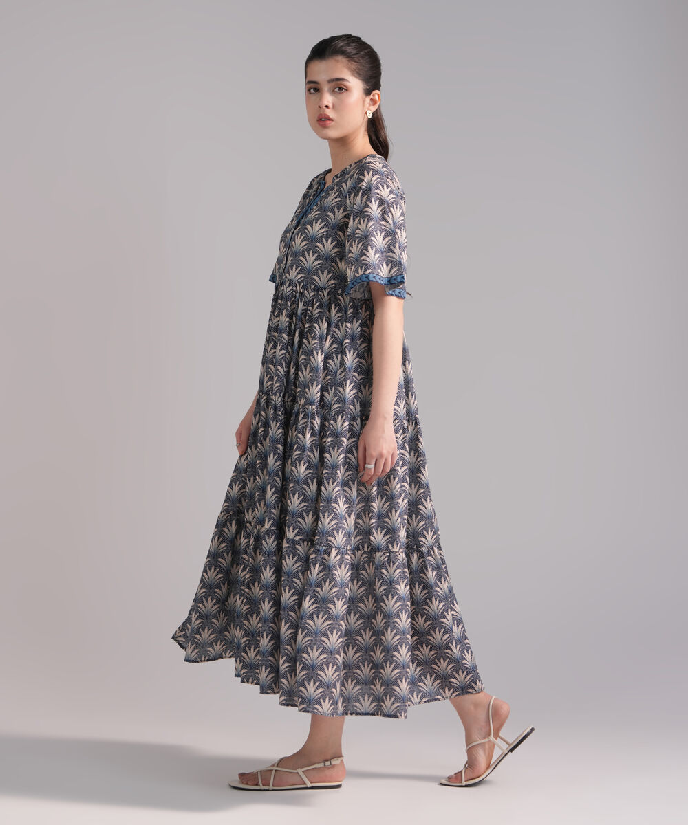 Women's RTW Slub Lawn Printed Dark Blue Dress Shirt