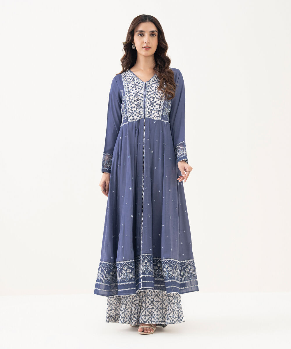 Women's RTW Viscose Raw Silk Embroidered A-Line Blue Shirt