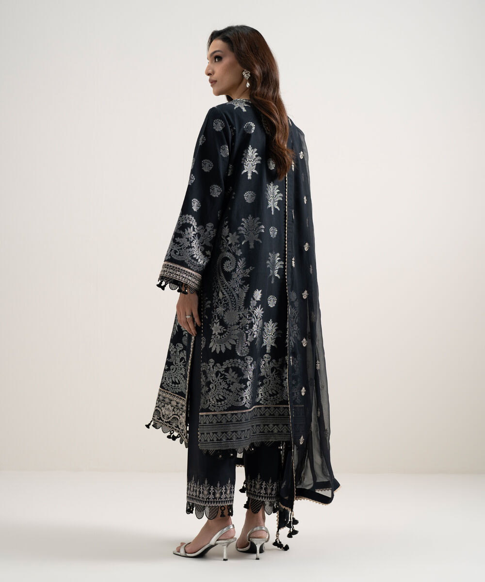 Women's Unstitched Extra Weft Jacquard Embroidered Black 3 Piece Suit