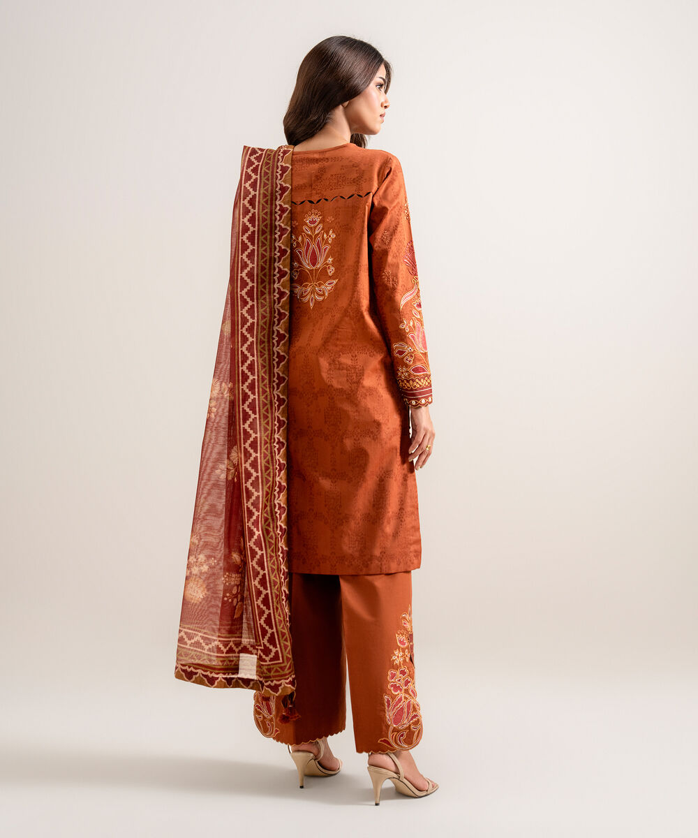 Women's Unstitched Embroidered Cotton Jacquard Rust 3 Piece Suit