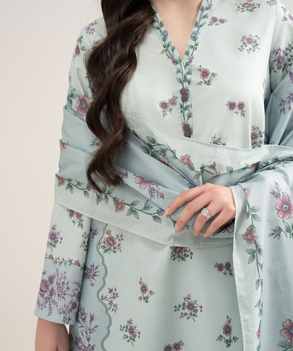 Women's Unstitched Zari Lawn Printed Blue 3 Piece Suit