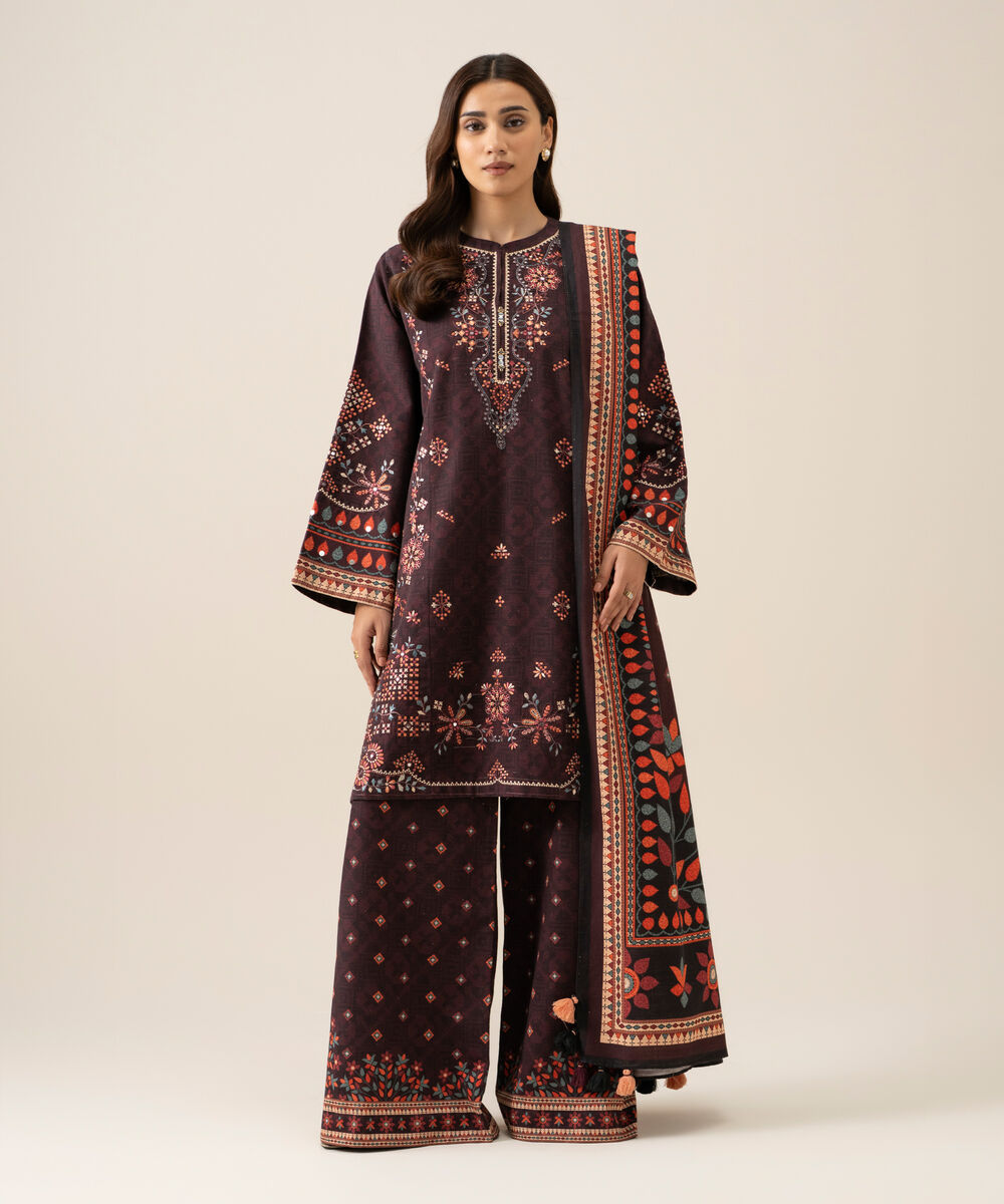 Women's Unstitched Light Khaddar Embroidered Plum 3 Piece Suit