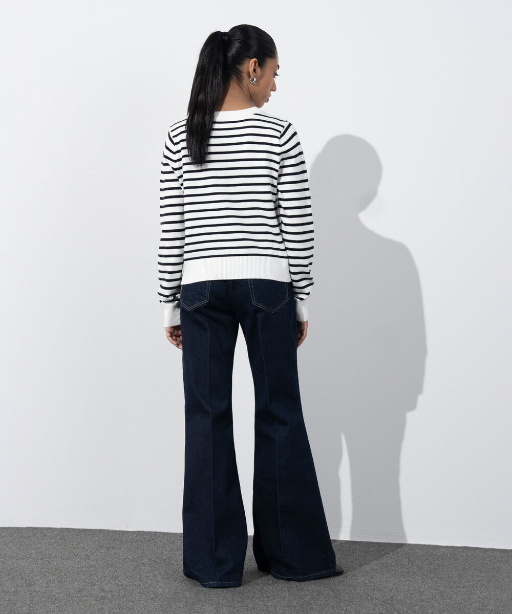 Women's Western Wear White & Black Striped Knit Cardigan