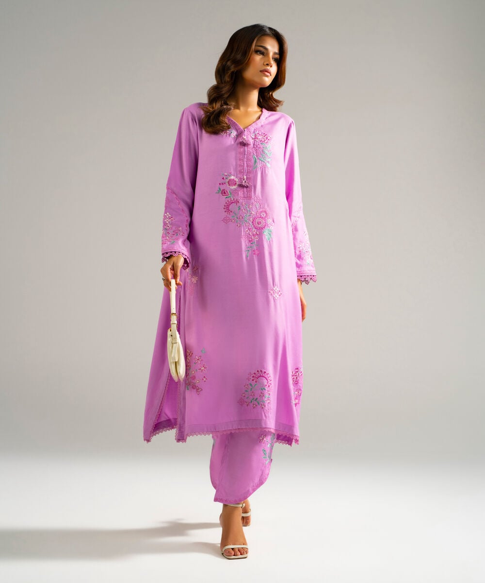 Women's RTW Raw Silk Embroidered Lilac 2 Piece Suit