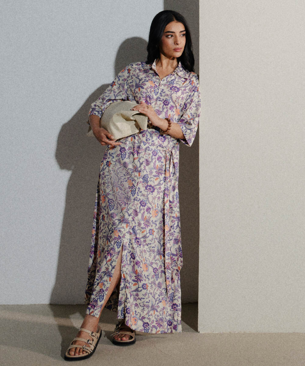 Women's Western Wear Multi Printed Dress With Belt